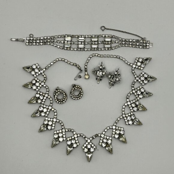 Vintage Rhinestone Jewelry Set Necklace Bracelet Earrings Bridal Prom Formal - Picture 4 of 12